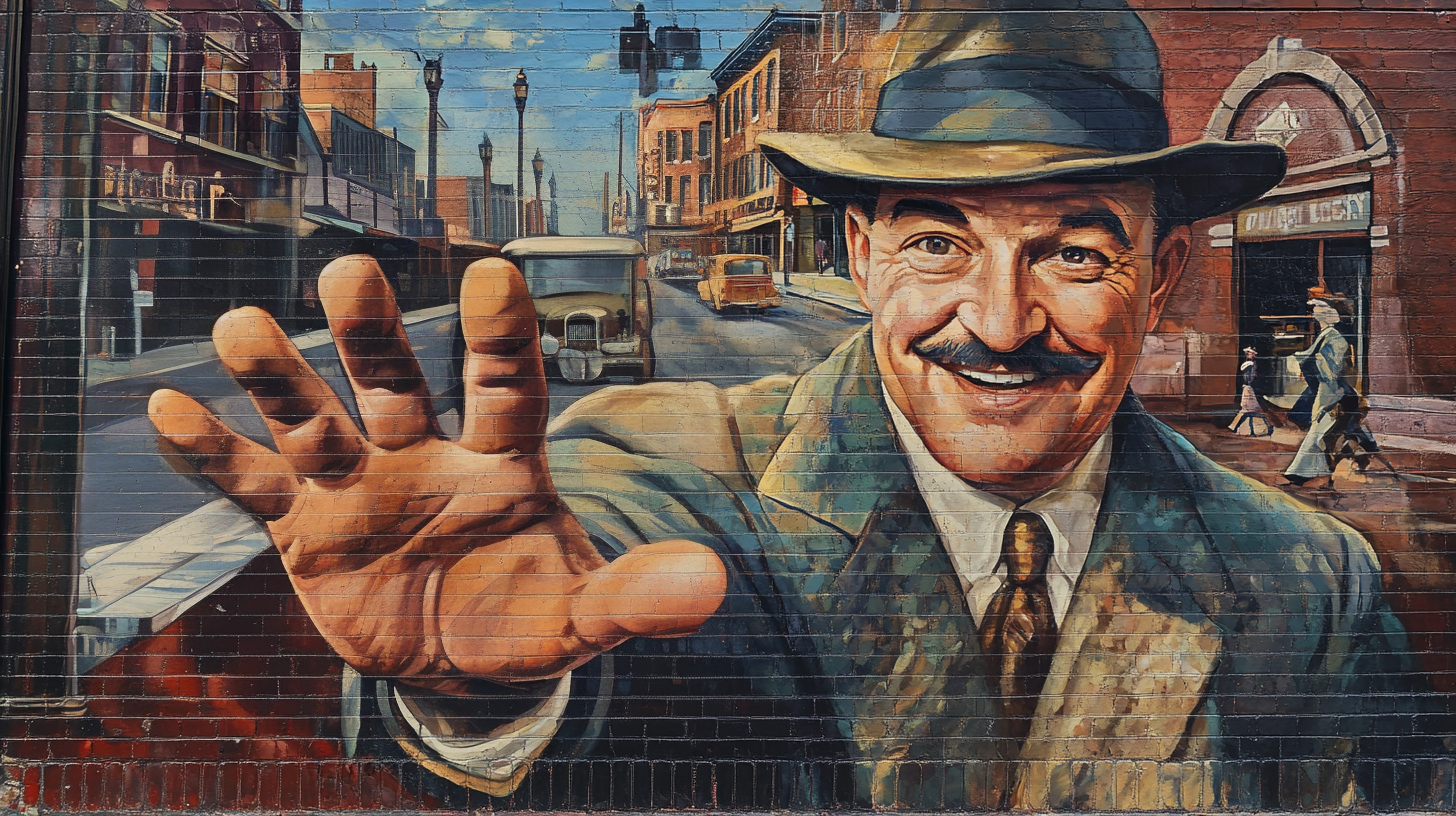 Illustration of man waving from a mural