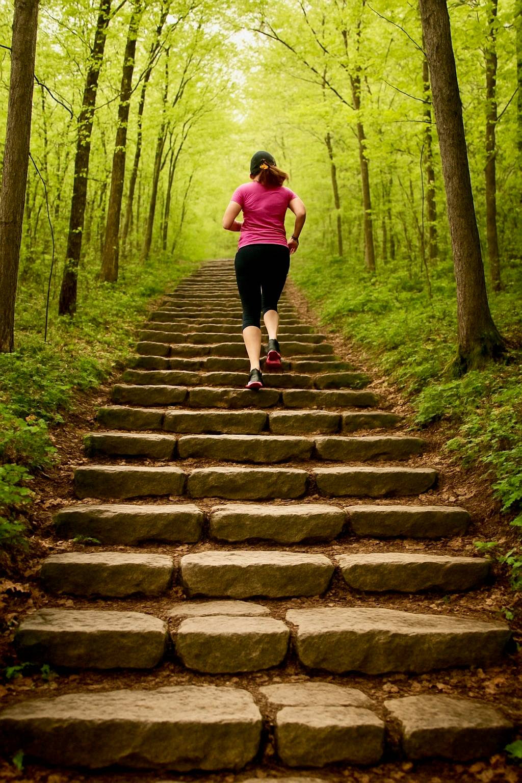Illustration of a woman running up stone steps